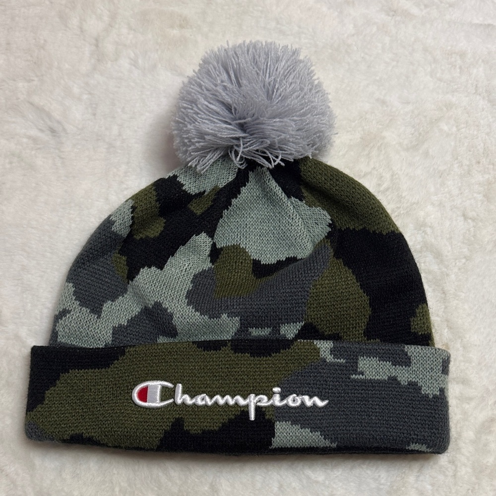 Champion Script Camo Pom Cuffed Winter Beanie
